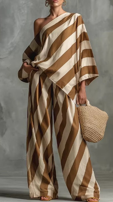 Women's Chic & Laid-back Vintage Striped Two-Piece Set: Fashion Top and Wide-Leg Pants