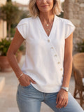 Clearance Sale🔥 Summer Chic Asymmetric V-Neck Linen Top - Breathable Short Sleeve Blouse