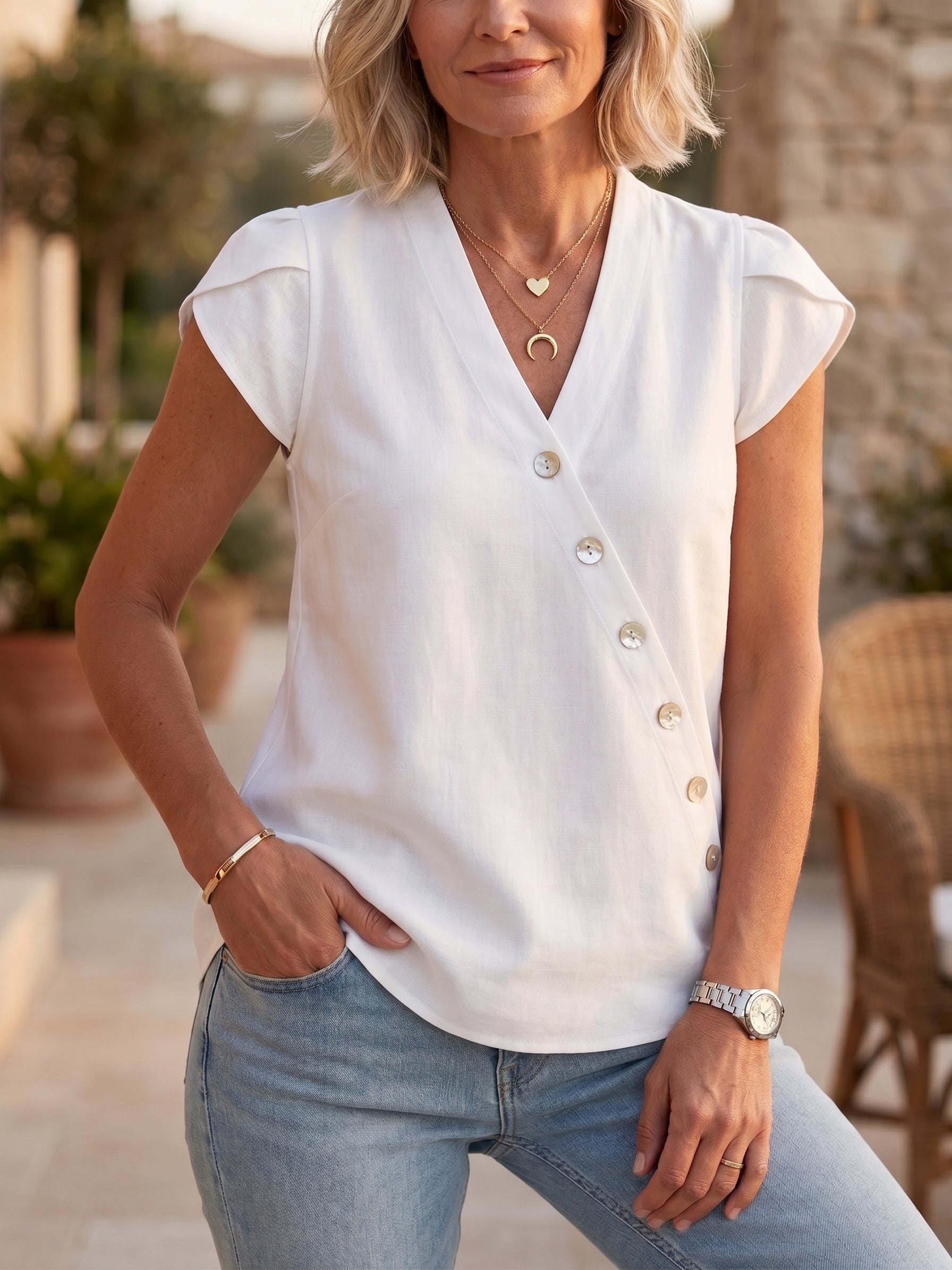 Clearance Sale🔥 Summer Chic Asymmetric V-Neck Linen Top - Breathable Short Sleeve Blouse