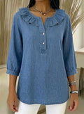 Casual Denim Blouse with Ruffled Henry Collar