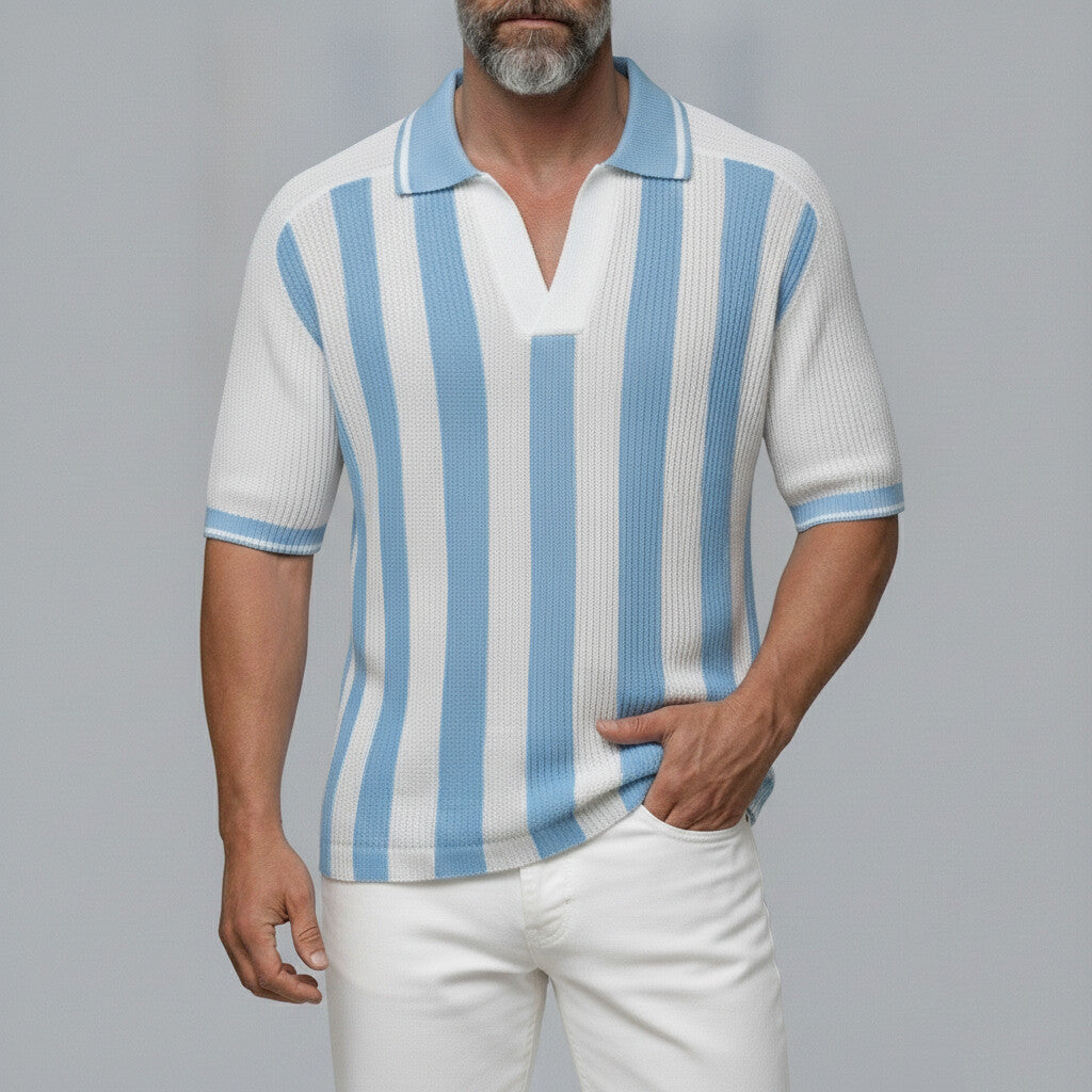 Men's White Contrast Striped Pattern Knitted Short Sleeve Polo Shirt