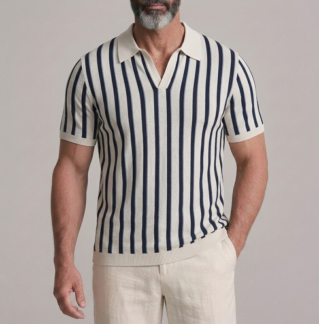 Men's Casual Contrast Striped Print Knitted Slim Polo Shirt