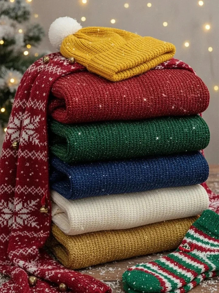 CLEARANCE SALE🔥 Christmas Sparkling Cozy V-neck Lantern Sleeve Knit Sweater
