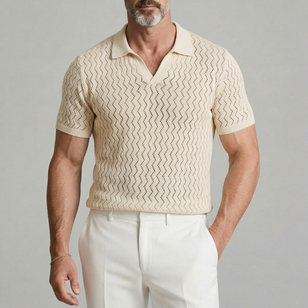 Men's Light Blue Wave Texture Hollow Out Turndown Collar Casual Polo Shirt