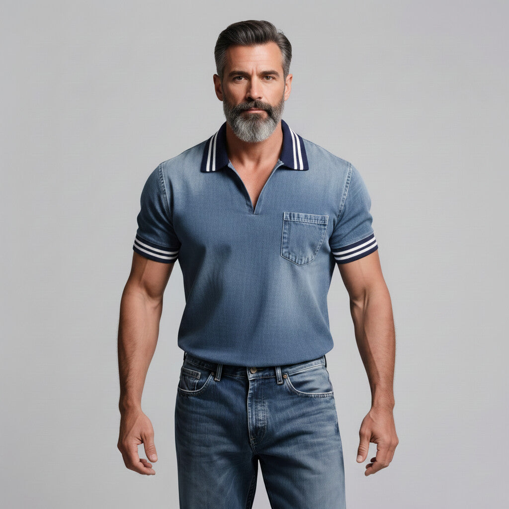 Men's Contrast Striped Turndown Collar Short Sleeve Patch Pocket Denim Polo Shirt