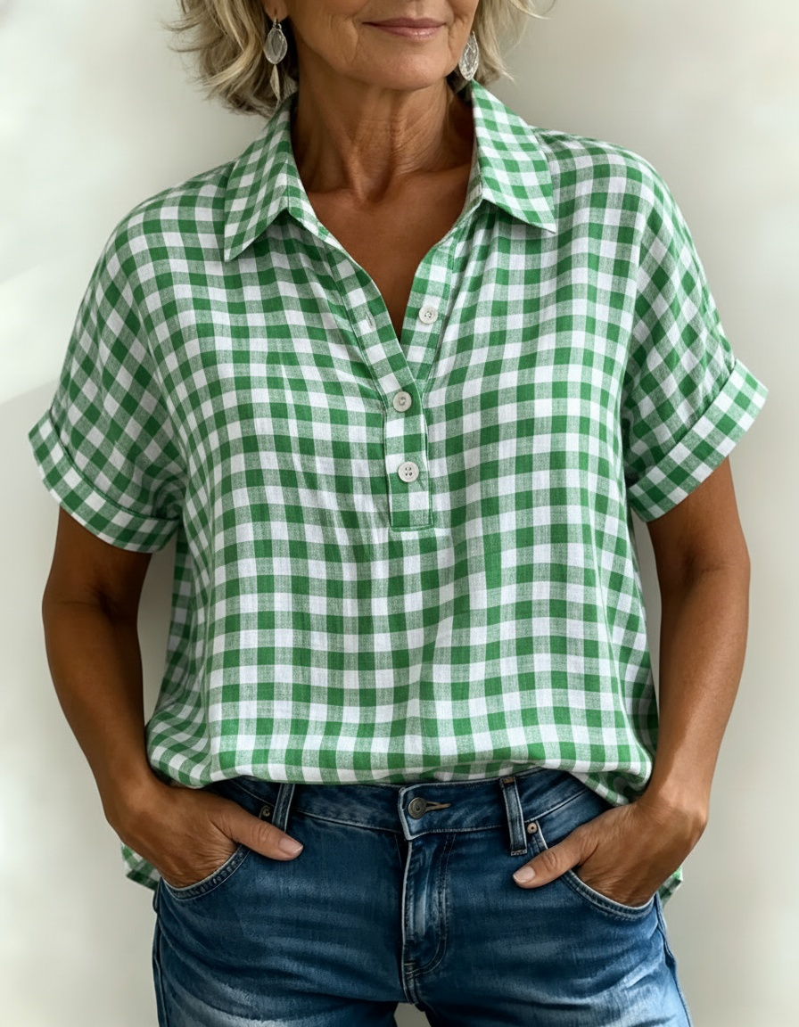 Casual Gingham Cotton-Linen Blouse