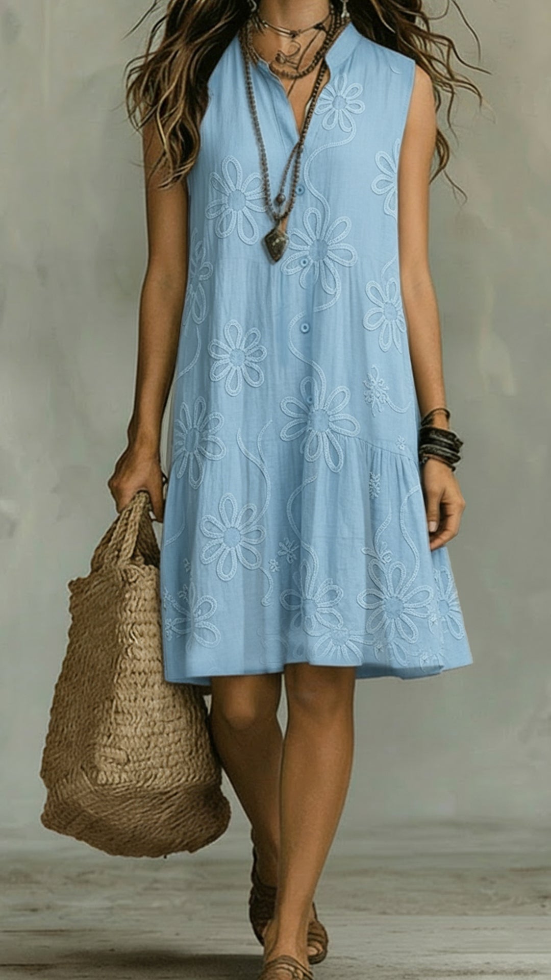 Women's Floral Print Linen-Blend Sleeveless Dress