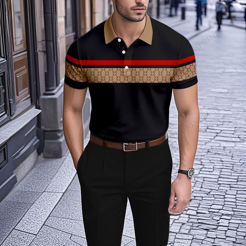 Men's Casual Black And Khaki Plaid  Printed Short-Sleeve Polo Shirt203798
