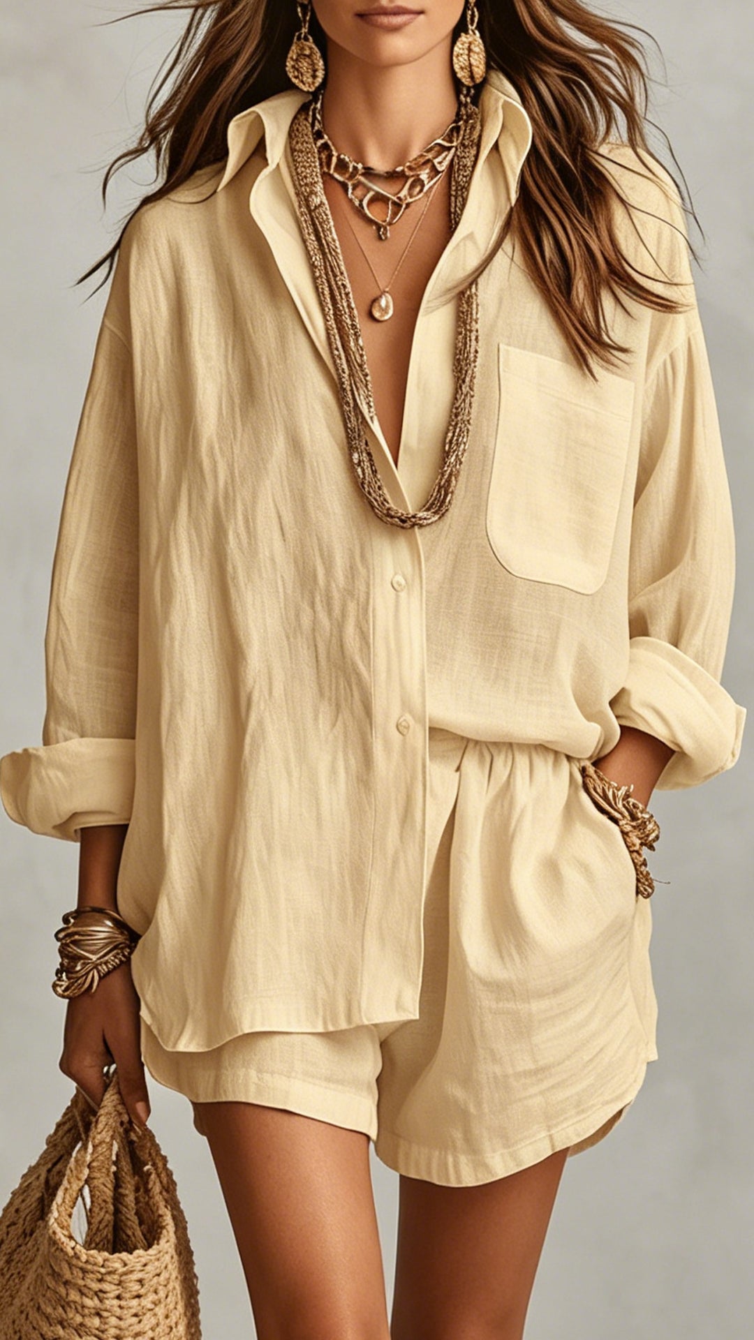 Women's Cotton-Blend Textured Shirt & Shorts Set