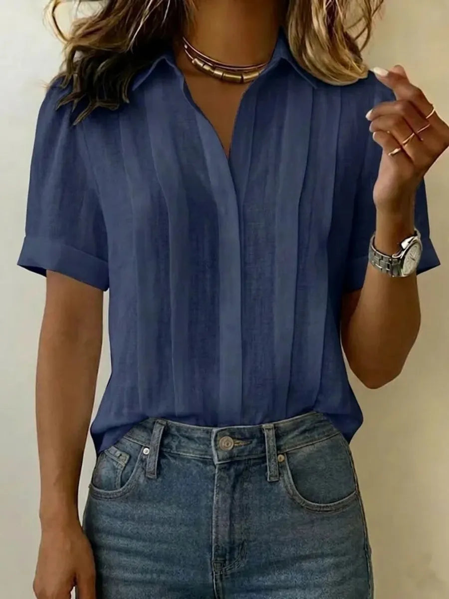 Clearance Sale🔥 Women's Lapel Short-sleeved Casual Loose Pleated Cotton And Linen Shirt T Shirts