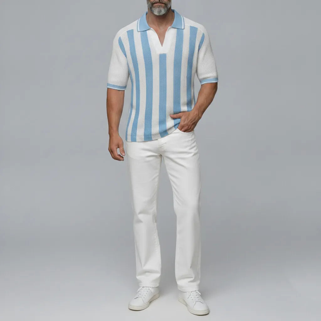 Men's White Contrast Striped Pattern Knitted Short Sleeve Polo Shirt
