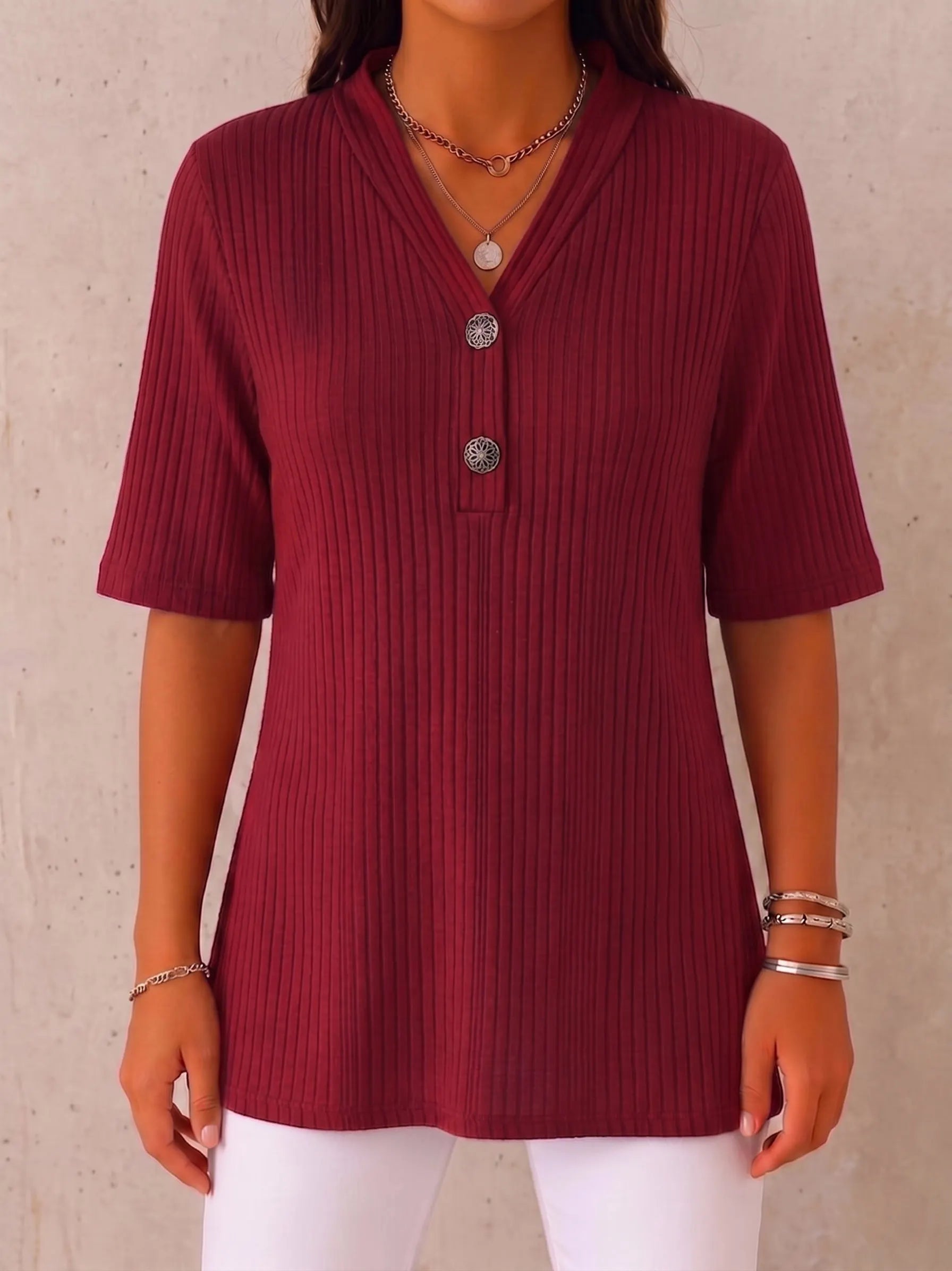 CLEARANCE SALE🔥 Ribbed Button-Neck Tee