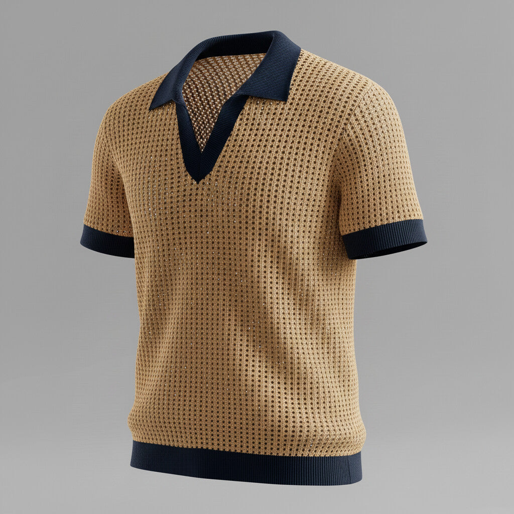 Men's Khaki Turndown Collar Contrast Trim Knitted Hollow Out Polo Shirt