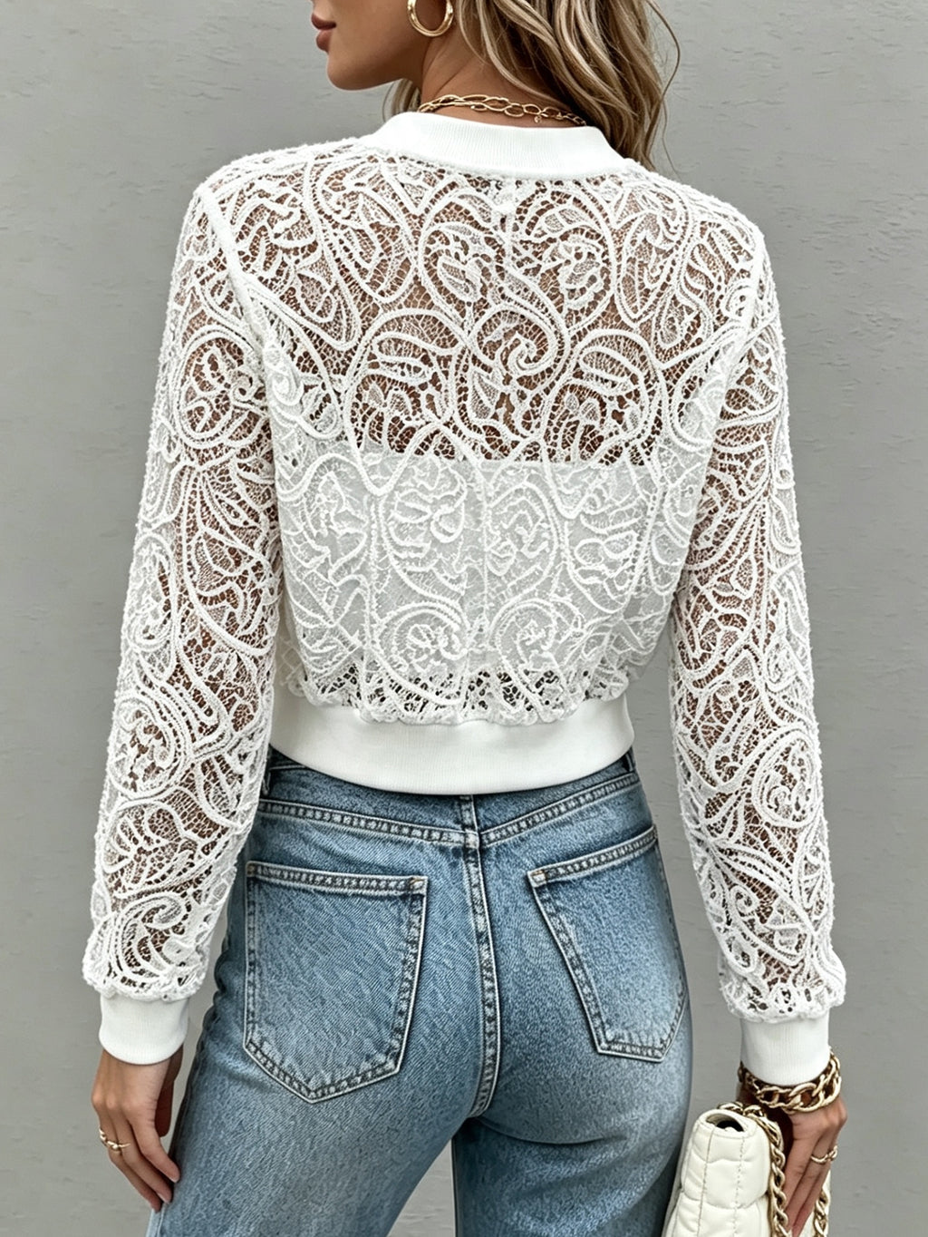 Women's Sheer Lace Cropped Zip-Up Bomber Jacket
