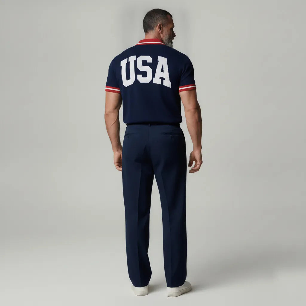 Men's Navy Blue Contrast Trim Turndown Collar Back Letter Pattern Polo Shirt