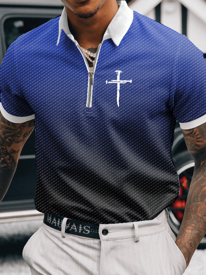 Men's Faith Printed Casual Zip-Up Polo Shirt