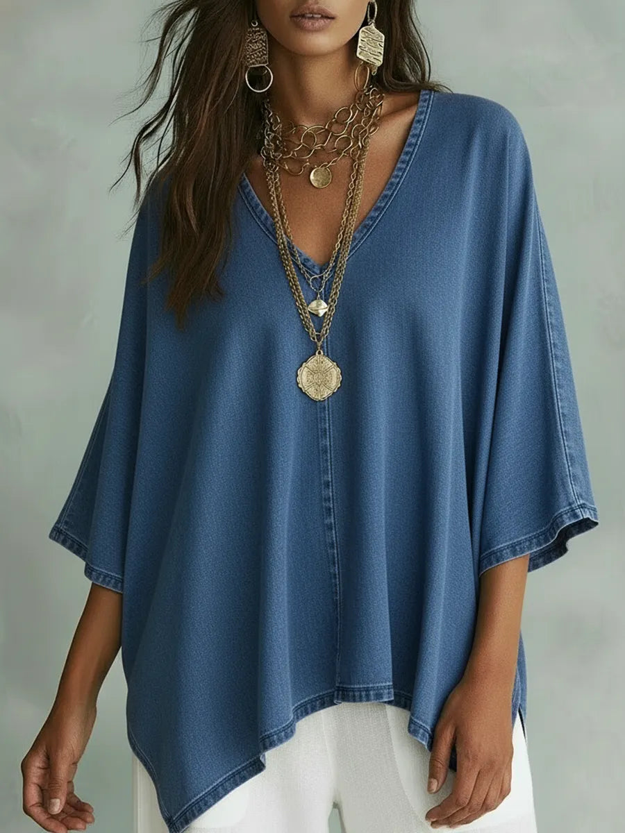 Loose-Fit V-Neck Denim Top – Loose Fit & Plus-Size Friendly