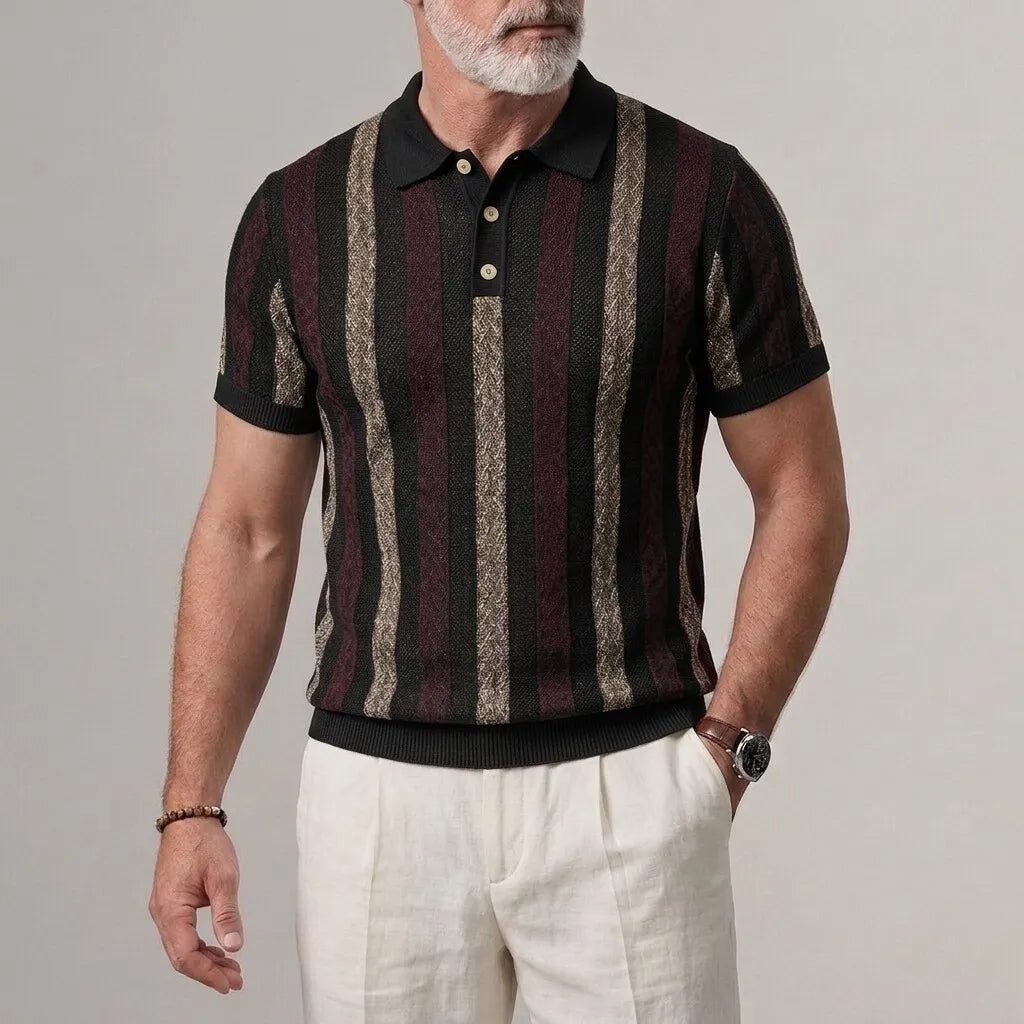 Men's Casual Contrast Striped Hollow Out Ribbed Hem Slim Fit Polo Shirt