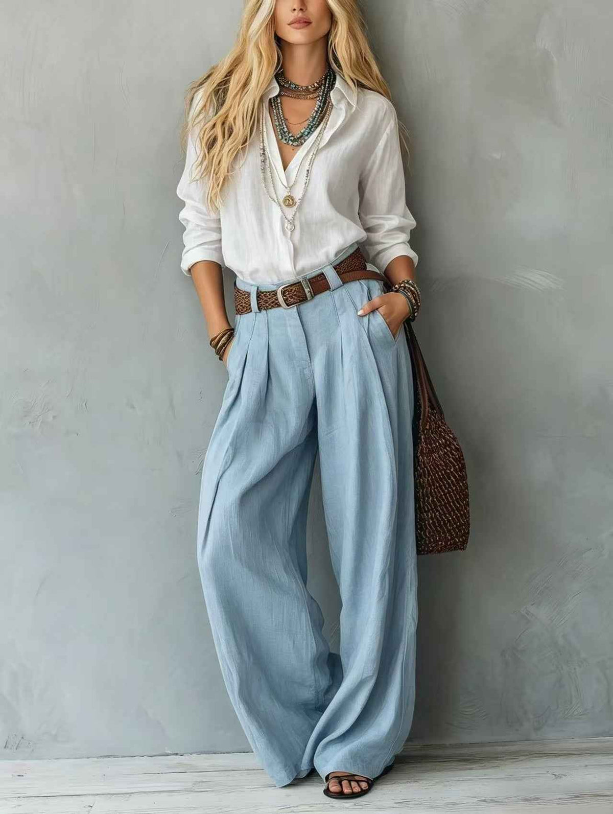 Women's Blouse & Wide-Leg Pants Set – Loose Fit Two-Tone 2-Piece
