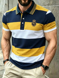 Men's Classic Business Check Logo Button Short Sleeve Polo Shirt