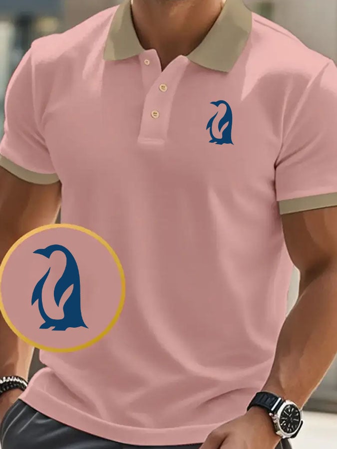 Men's Classic Casual Business Penguin Fashion Color Block Polo Shirt