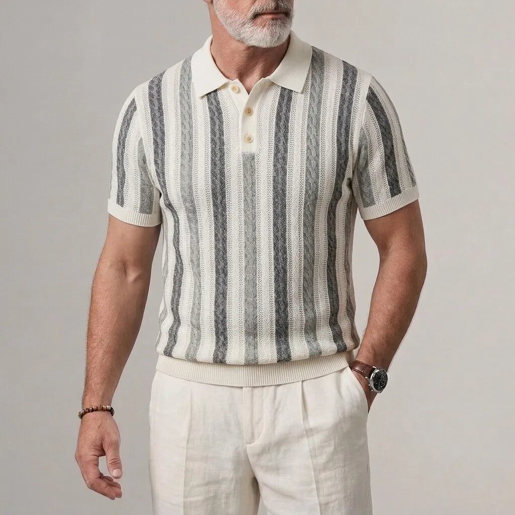 Men's Casual Contrast Striped Hollow Out Ribbed Hem Slim Fit Polo Shirt
