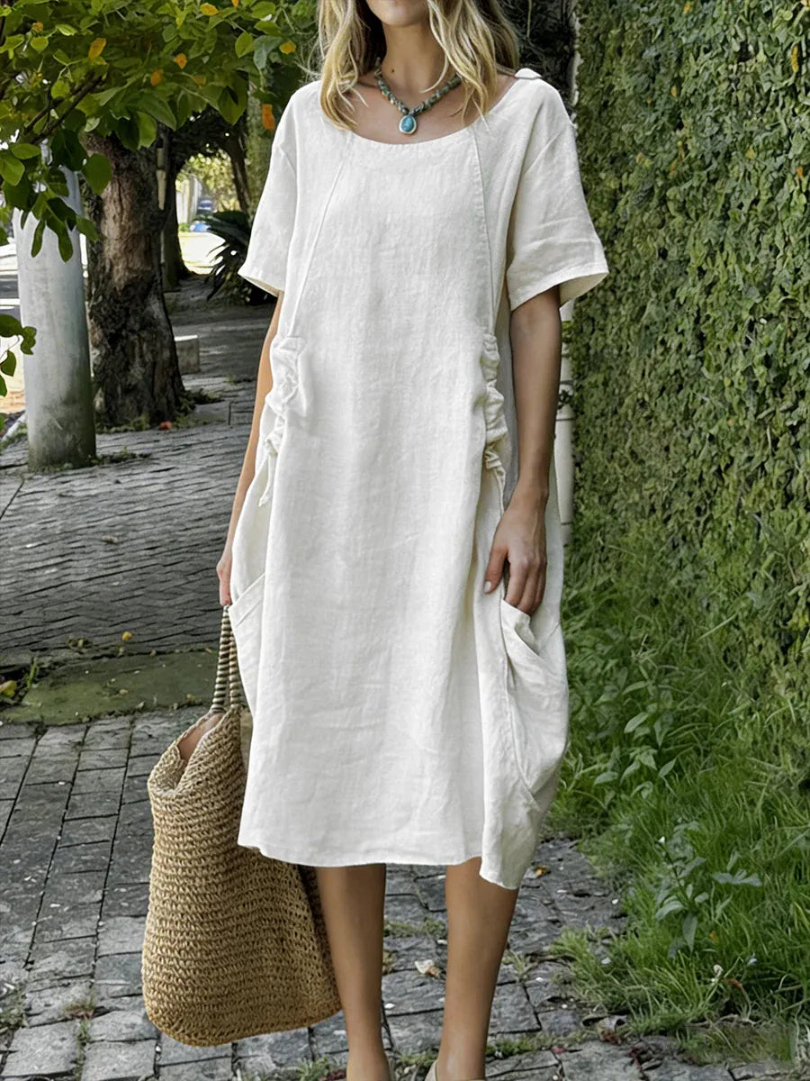 New Arrivals🔥 Linen And Cotton Drawstring adjustment Short-sleeved Dress