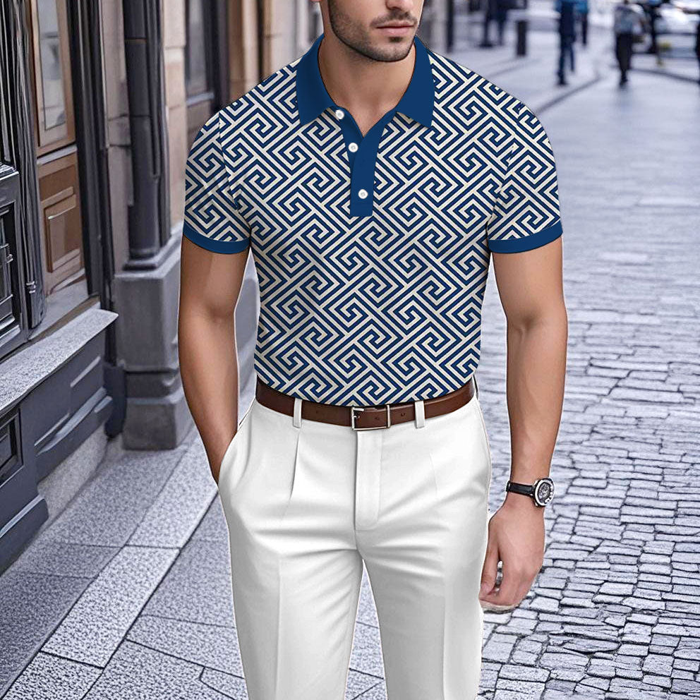 Men's Business Casual Polo Collar Geometric Printed Short-Sleeved Shirt