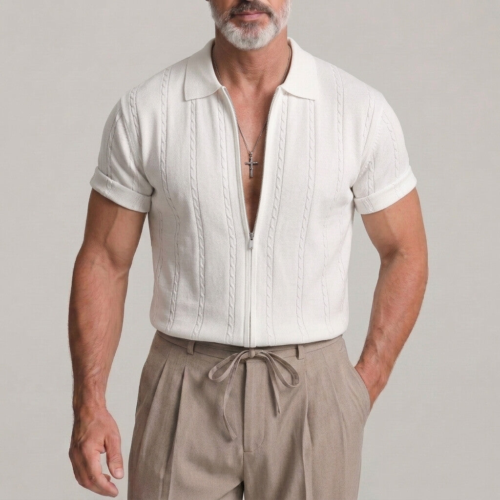 Men's Solid Color Cable Knit Texture Turndown Collar Zipper Short Sleeve Shirt