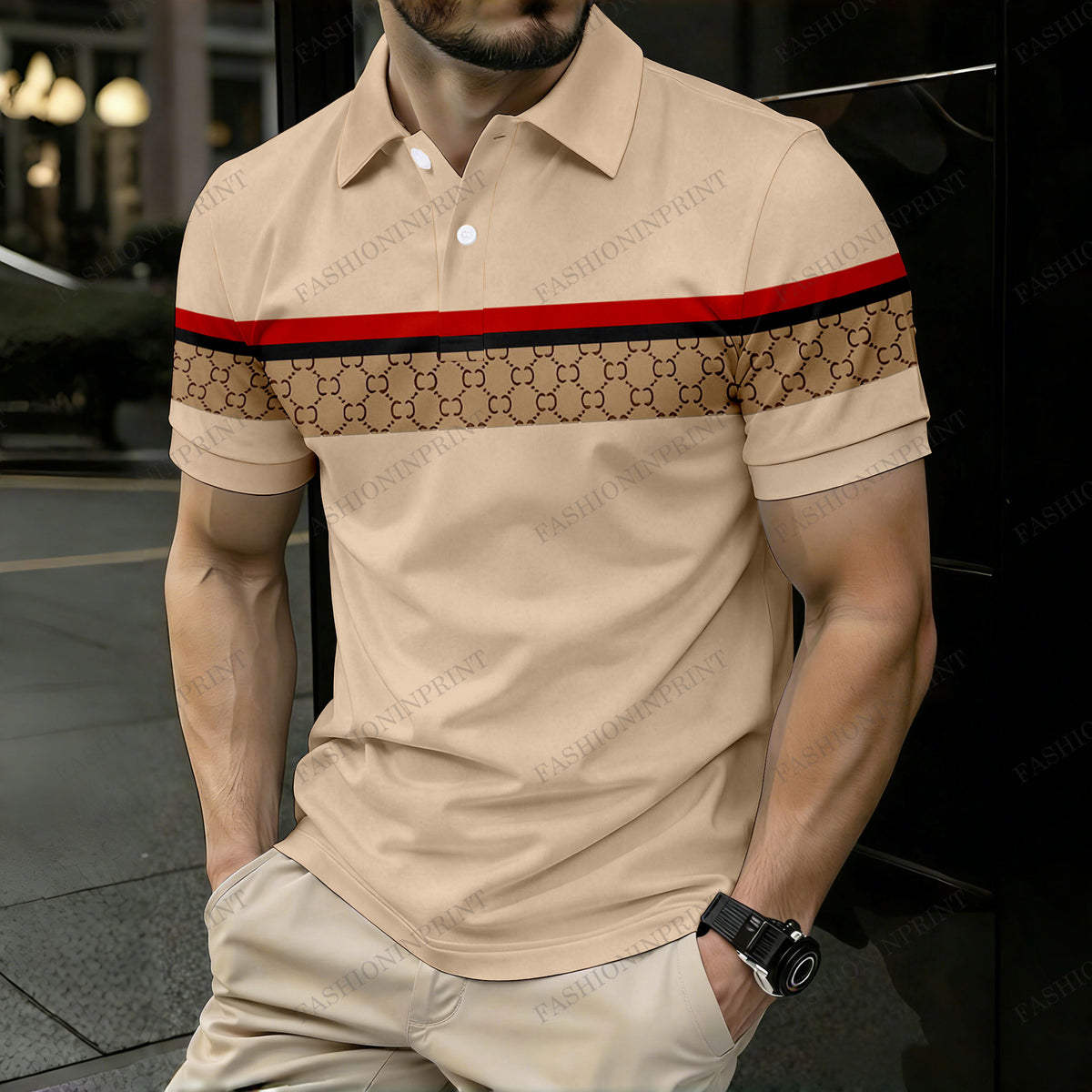 Men's Casual Apricot Color Matching Retro Style Checkered Printed Short Sleeved Polo Shirt