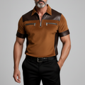 Men's Western Dark Brown PU Leather Patchwork Suede Slim Fit Zipper Polo Shirt