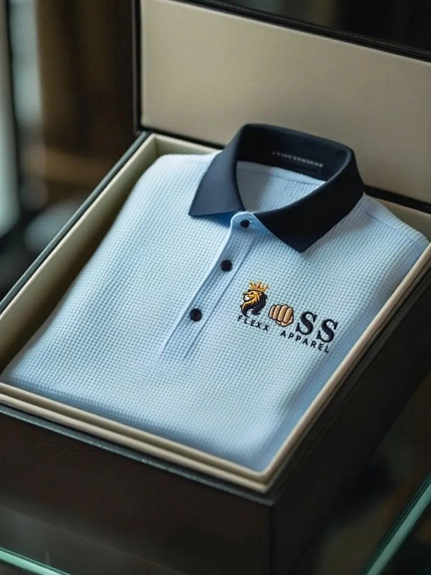 Men's Fashion Business Style Letter Printed Waffle Casual Short Sleeve POLO Shirt
