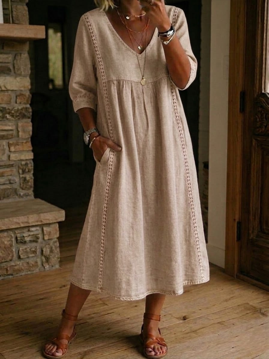 Clearance Sale🔥 Women's Casual Loose-fitting Patchwork Lace Trim Linen And Cotton Dress