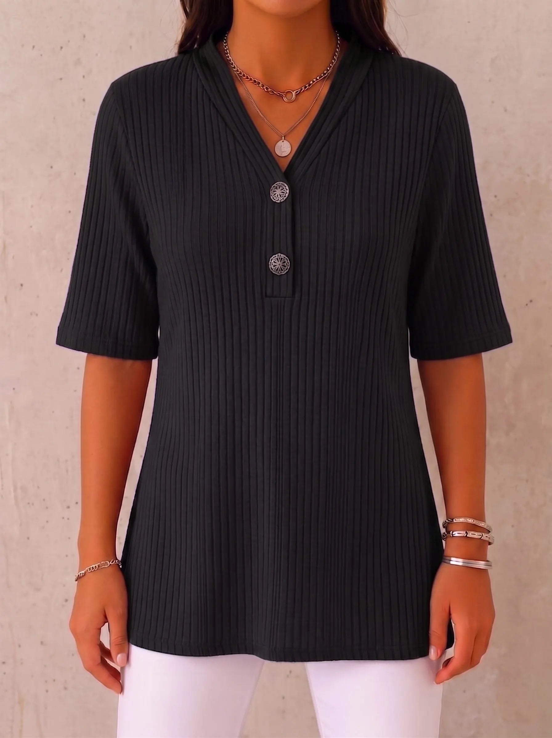 CLEARANCE SALE🔥 Ribbed Button-Neck Tee