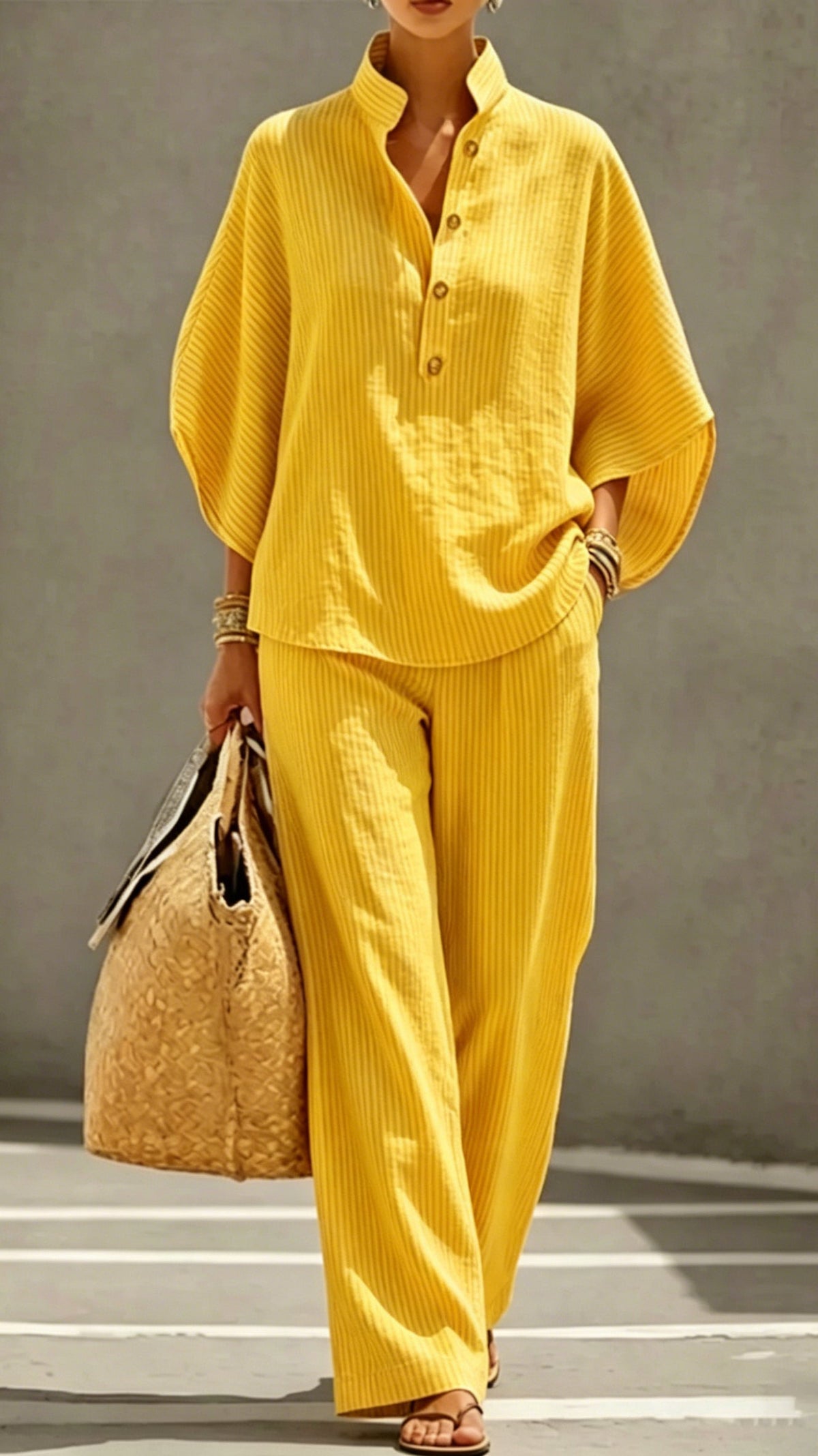 Women's Striped Linen-Cotton Batwing Sleeve Two-Piece Set