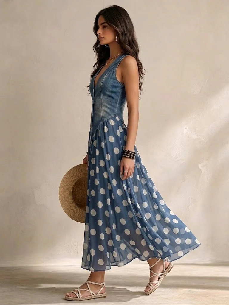 New Arrival - Denim Dress With Polka Dot Chiffon Skirt