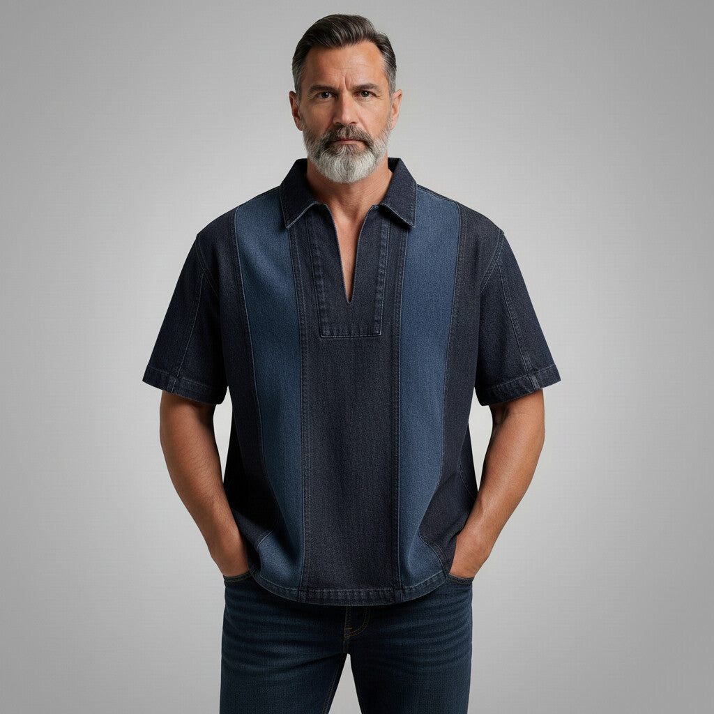 Men's Dark Blue Turndown Collar Contrast Color Seam Detail Short Sleeve Polo Shirt