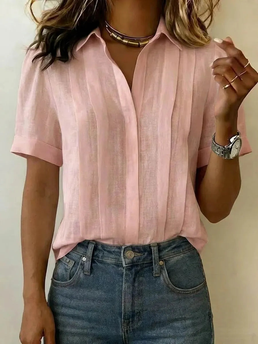 Clearance Sale🔥 Women's Lapel Short-sleeved Casual Loose Pleated Cotton And Linen Shirt T Shirts