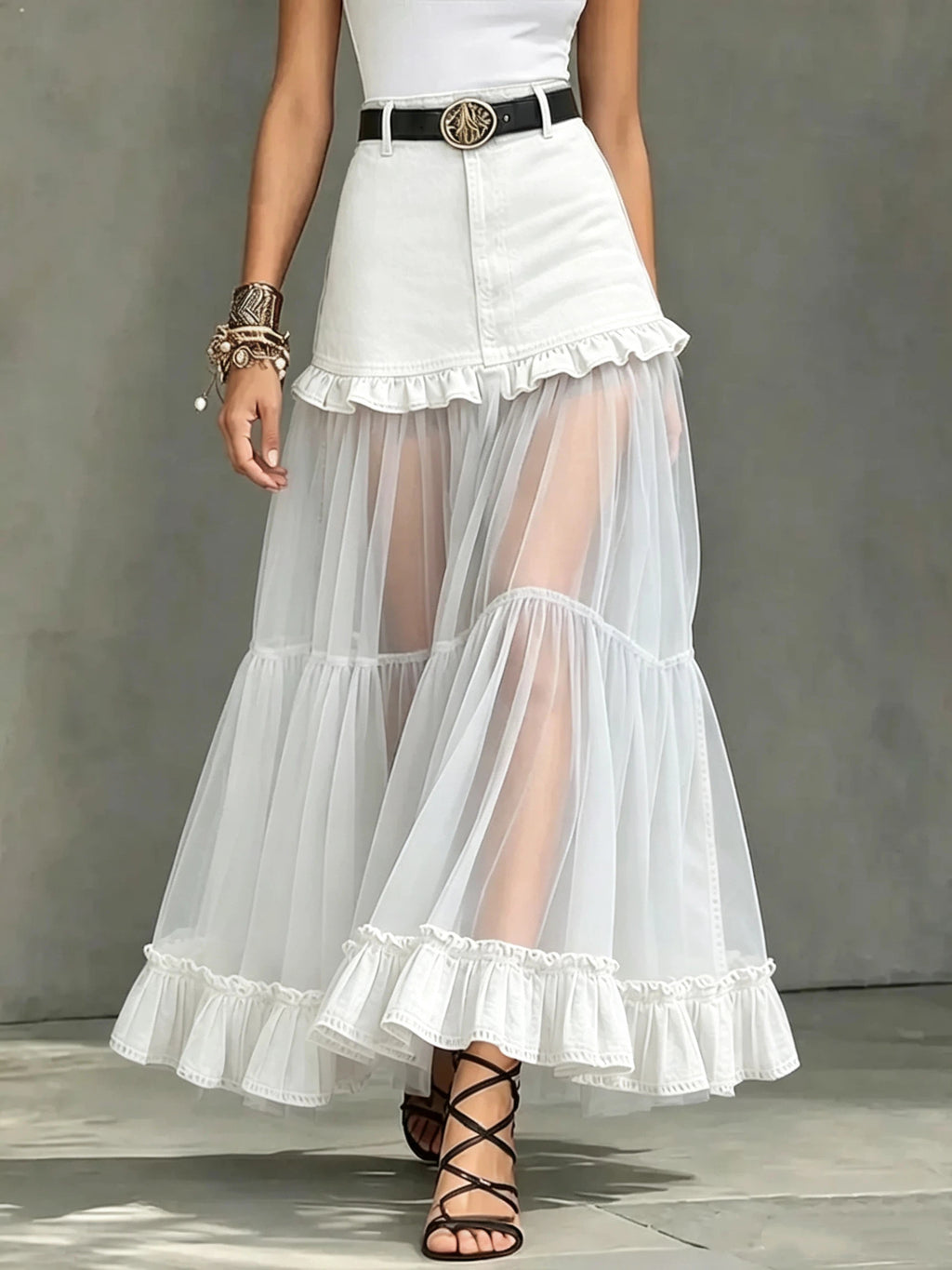 Casual Denim-paneled Chiffon Ruffled Skirt