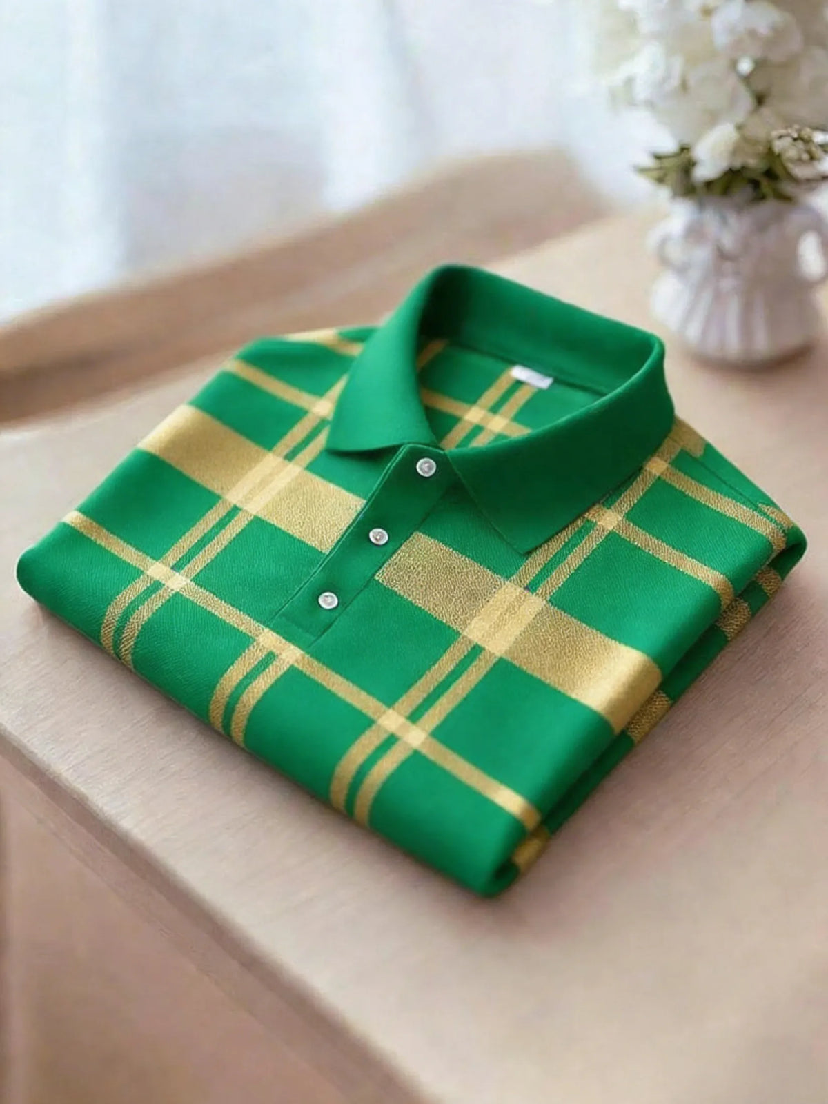 Men's Business Casual Black and Yellow Plaid Button Short Sleeve Polo Shirt