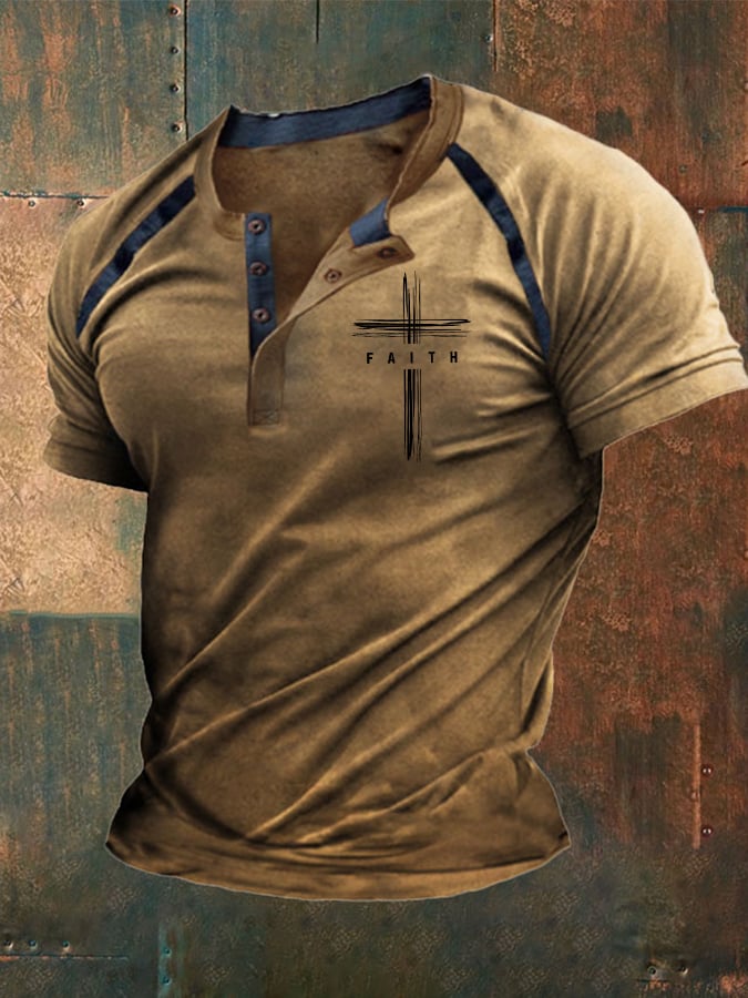 Men'S Faith Cross Print Henley Collar Top