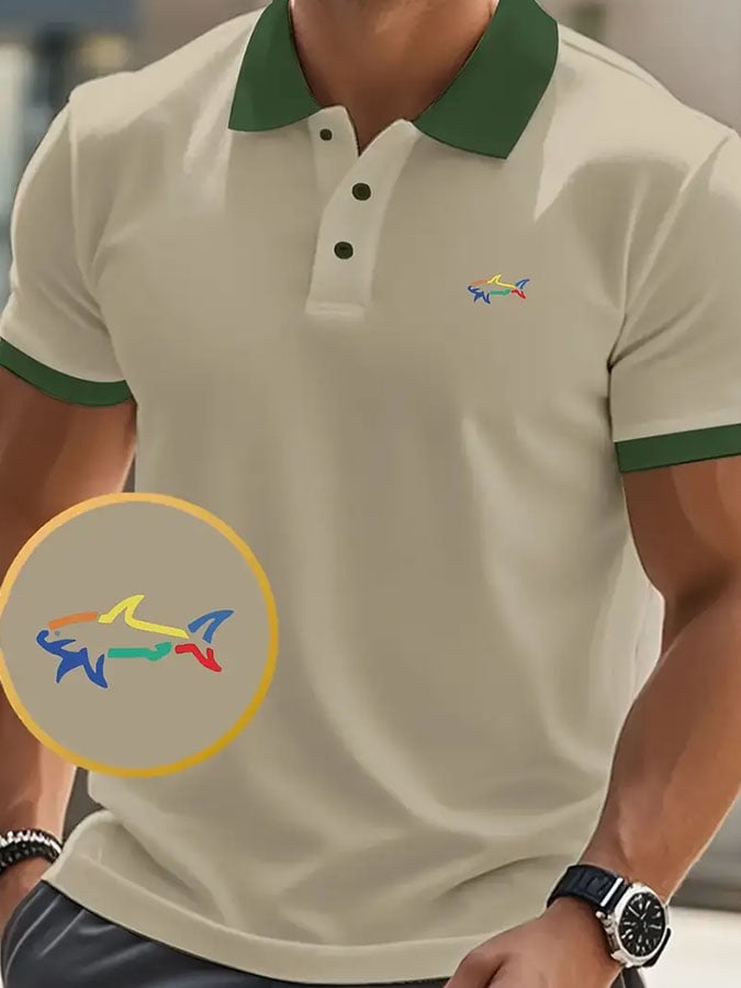 Men's Classic Casual Business Whale Fashion Color Block Polo Shirt