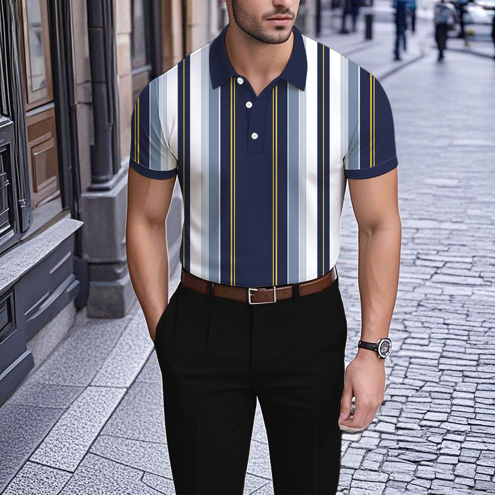Men's Business Casual Polo Collar Geometric Printed Short-Sleeved Shirt