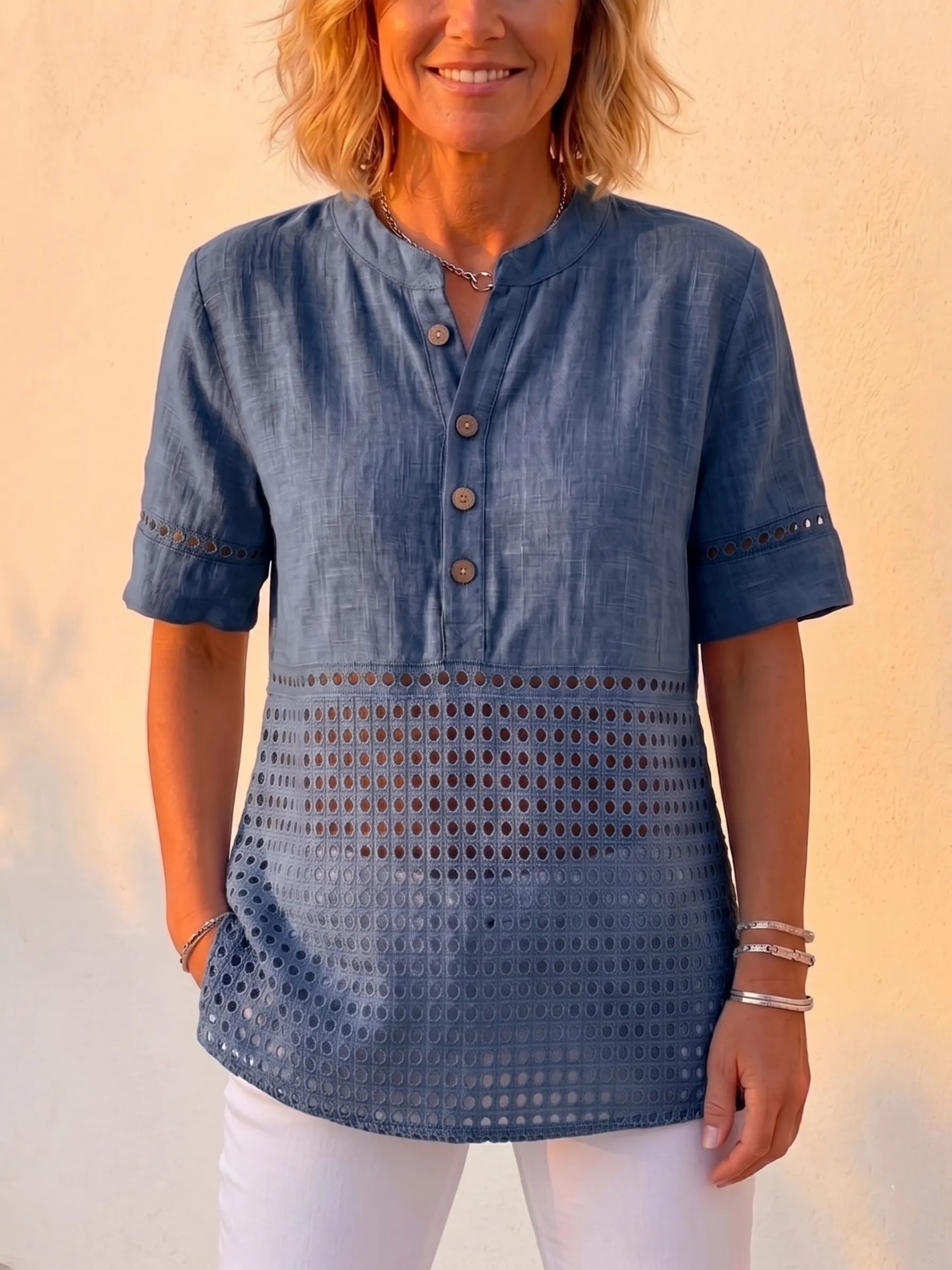 Clearance Sale🔥 Women's Vintage Cotton Linen Eyelet Lace Short Sleeve Shirt, Boho Button-Up Henley Blouse