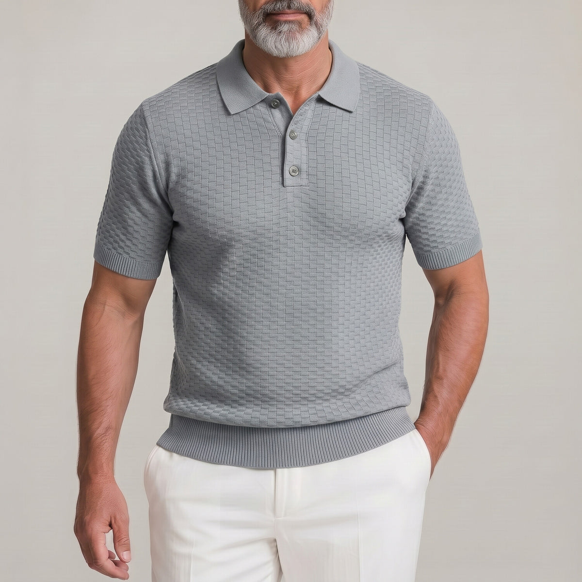Men's Solid Color Geometric Texture Ribbed Hem Polo Shirt