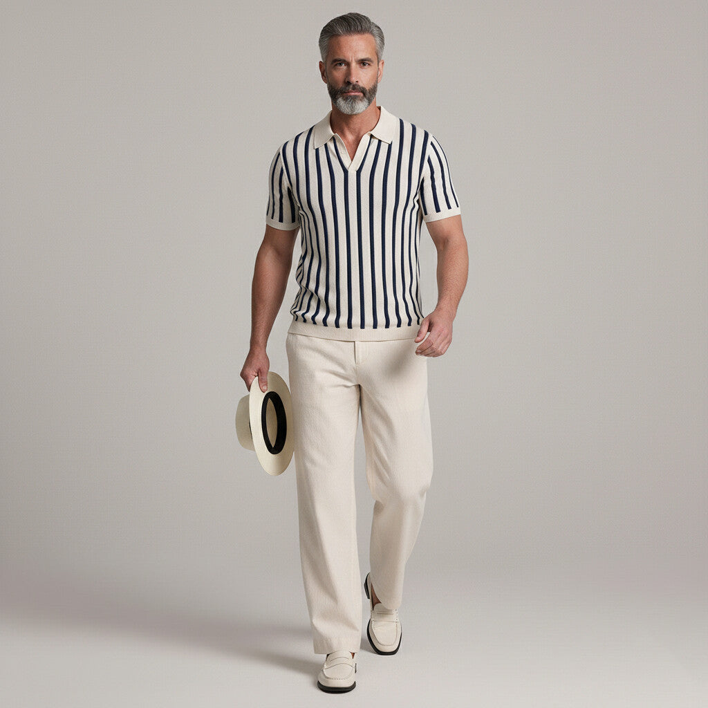 Men's Casual Contrast Striped Print Knitted Slim Polo Shirt