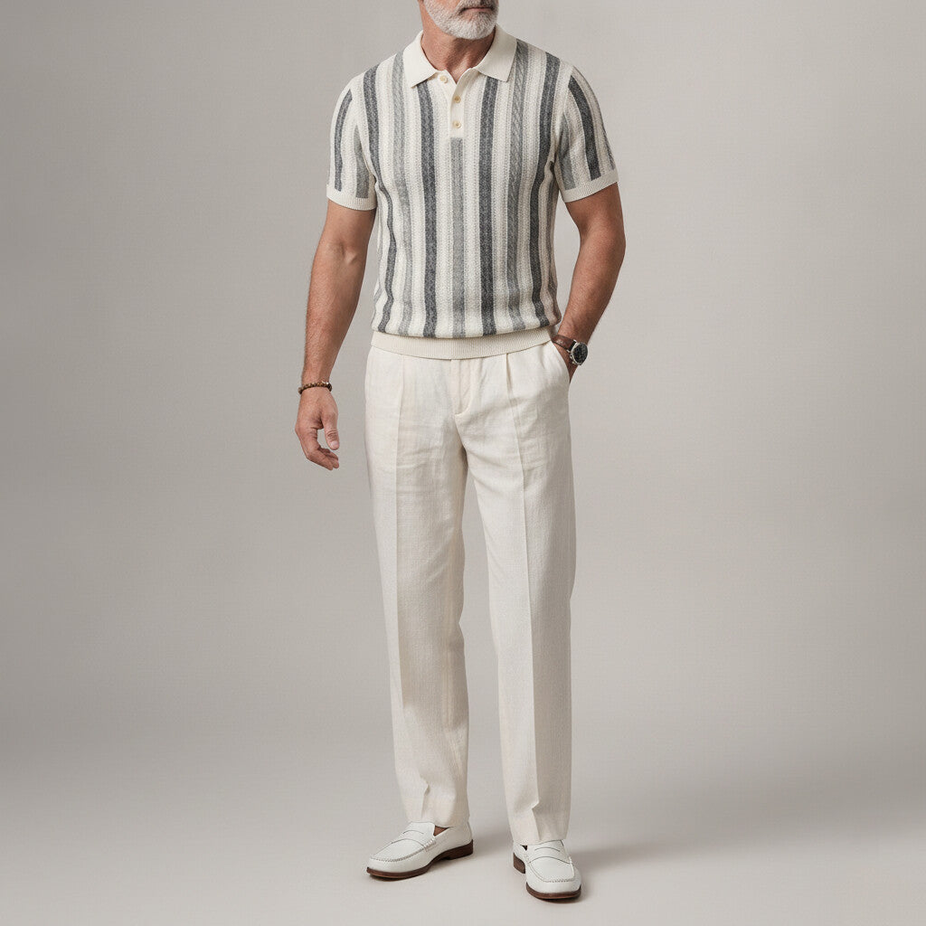Men's Casual Contrast Striped Hollow Out Ribbed Hem Slim Fit Polo Shirt