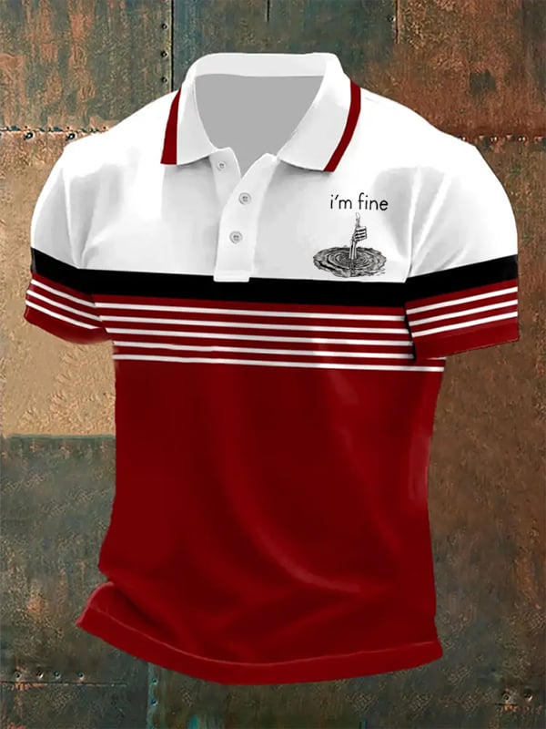 Men's I'm Fine Print Lapel Short Sleeve Polo Shirt