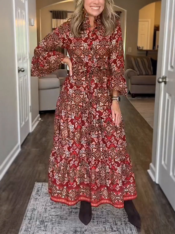 NEW🔥 Vintage Printed Long Sleeve Dress with Tie Belt