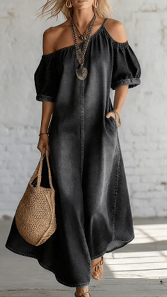 Women's Loose-Fit, Elegant Off-Shoulder Denim Maxi Dress with Slit